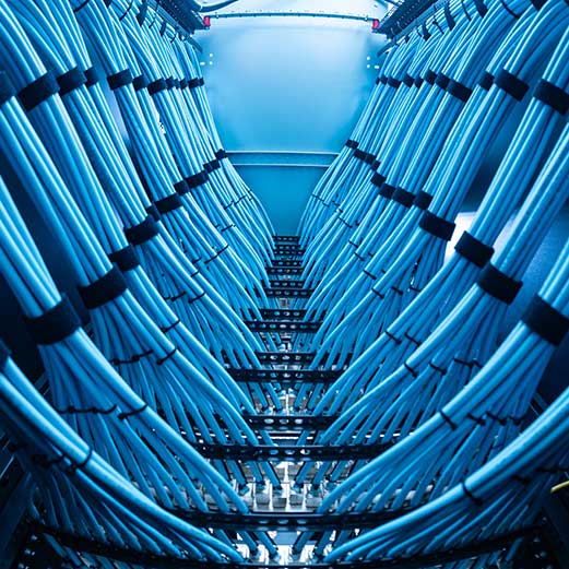 Low-angle view of two symmetrical rows of bright blue network cables, neatly bundled with black straps inside a server rack.
