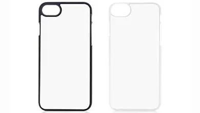 A black-edged phone case with a plain white back is shown beside a solid white phone case.