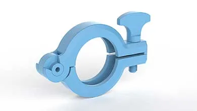 3D render of a light blue circular clamp with a hinge and thumbscrew, on a white background.