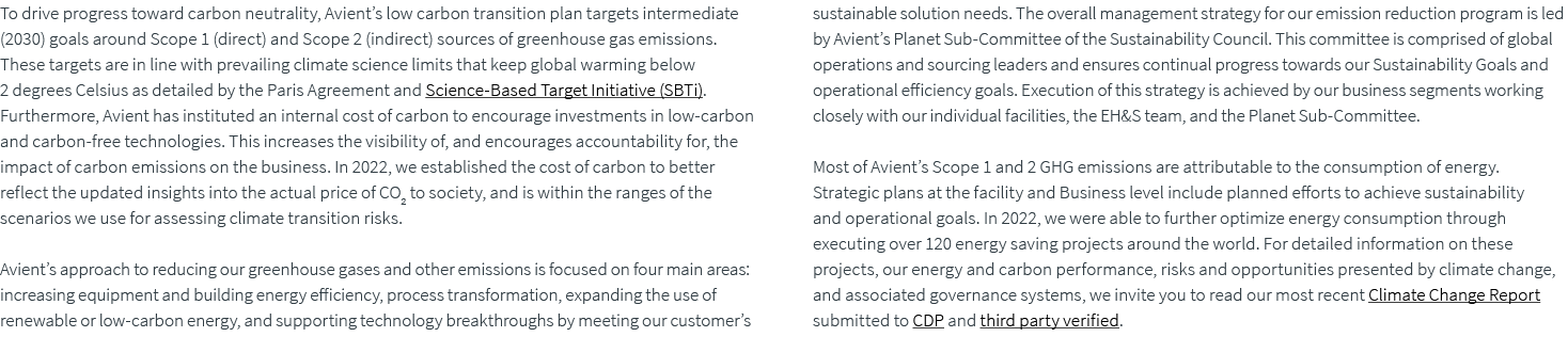 To drive progress toward carbon neutrality, Avient’s low carbon transition plan targets intermediate (2030) goals aro...