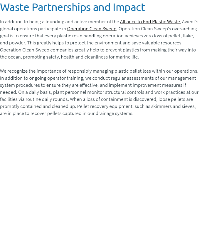 Waste Partnerships and Impact In addition to being a founding and active member of the Alliance to End Plastic Waste,...